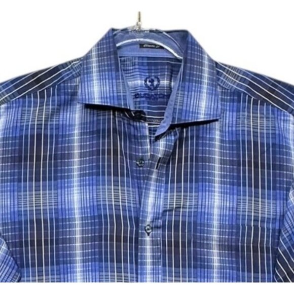 Bugatchi Uomo Mens Classic Fit Long Sleeve Button-Up Shirt Blue Plaid Collar - Picture 1 of 7